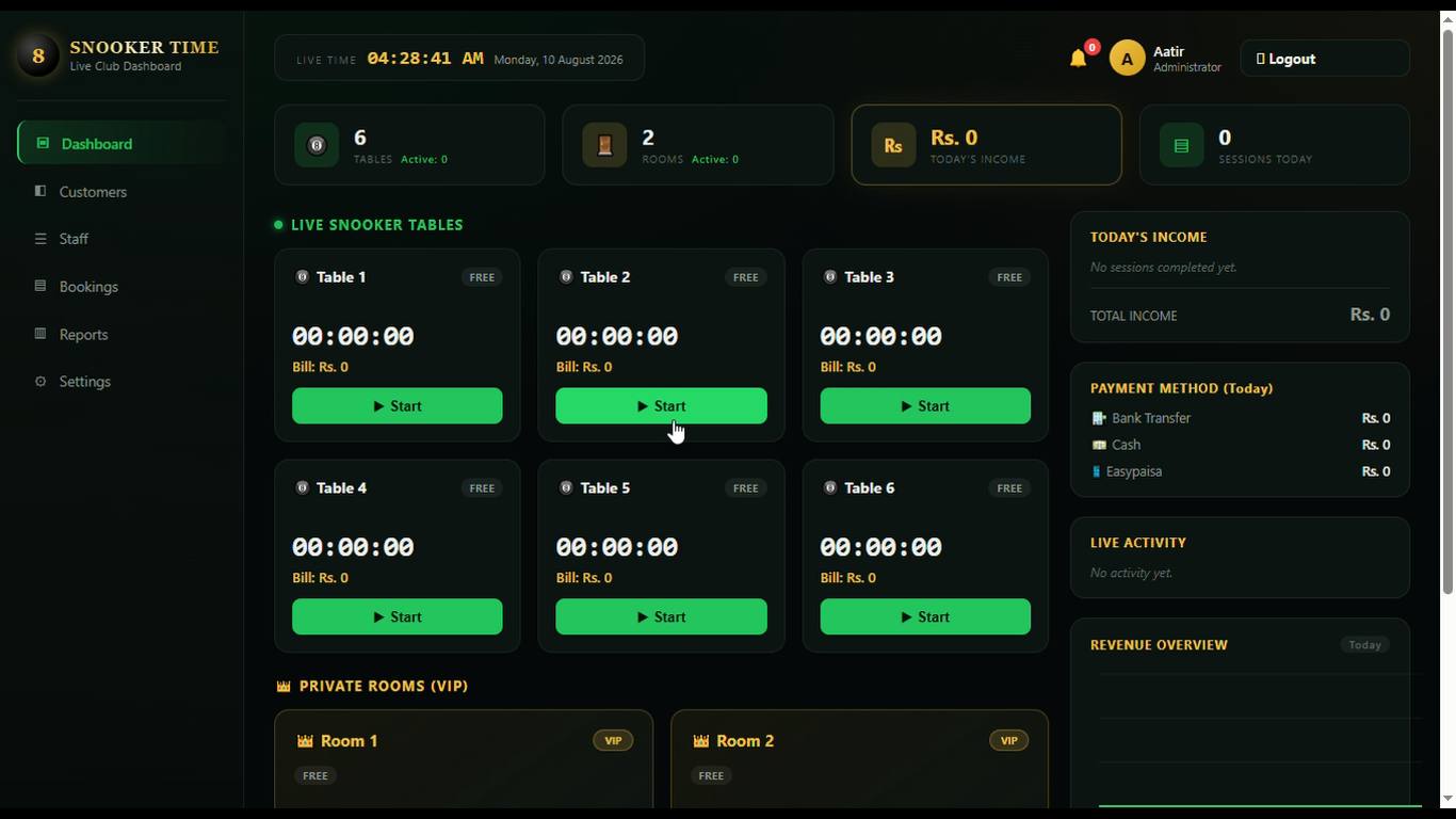 Snooker club management software screenshot